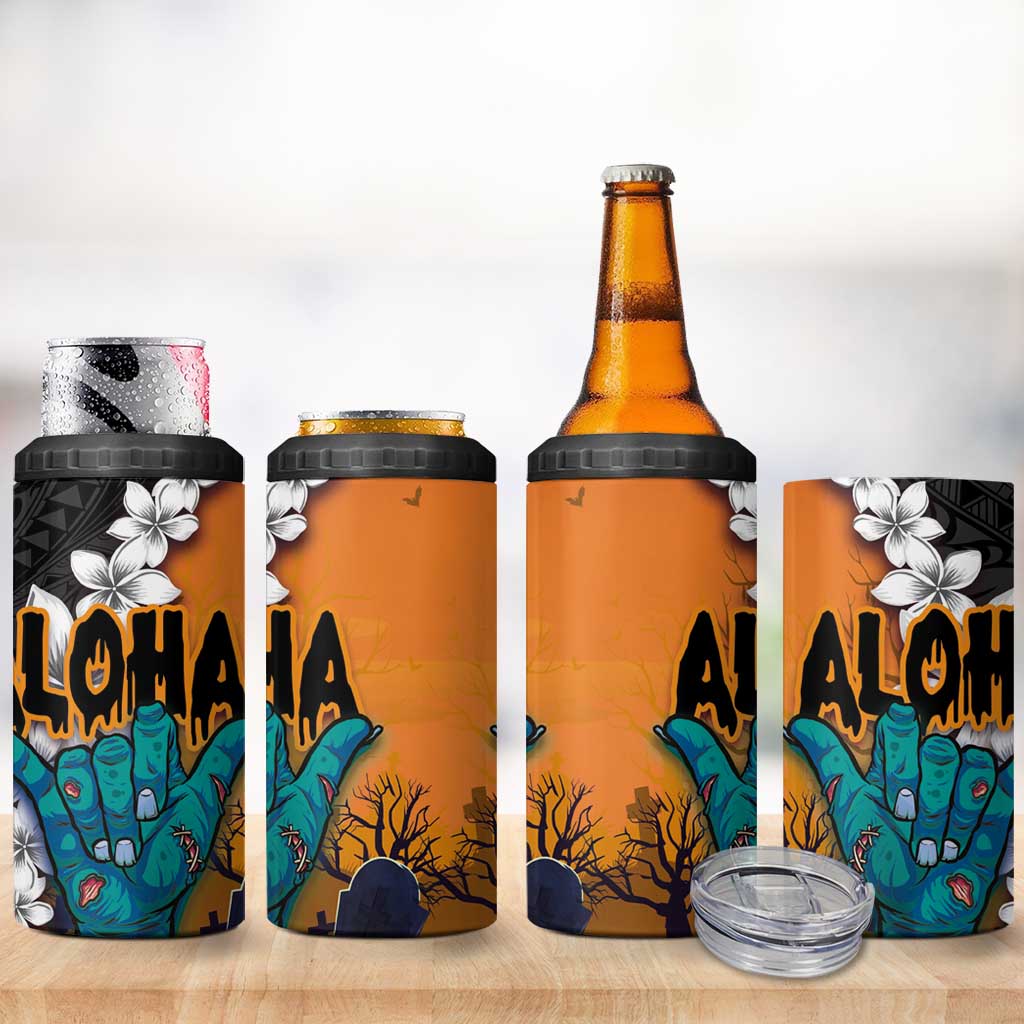 Hawaiian Halloween 4 in 1 Can Cooler Tumbler Horror Shaka Hand with Plumeria and Polynesian Tattoo Autumn Color LT03 - Polynesian Pride
