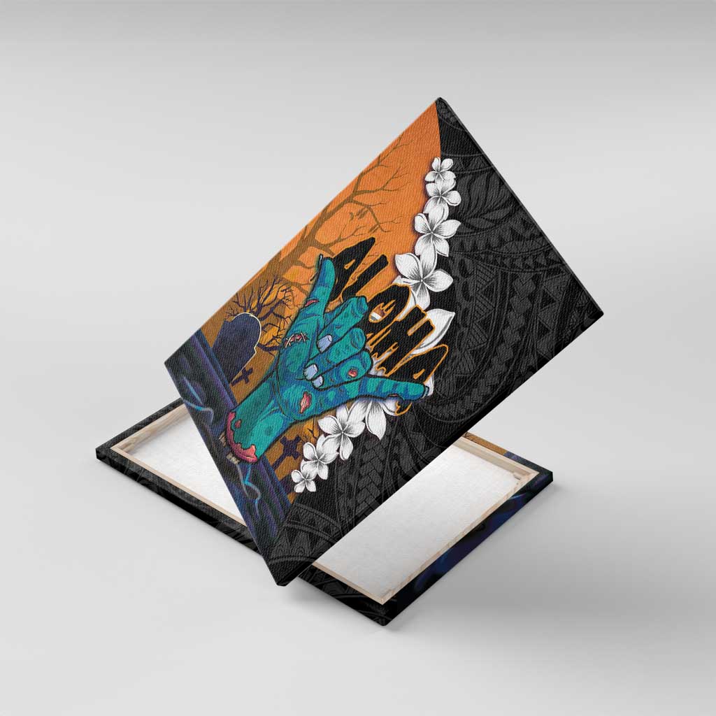 Hawaiian Halloween Canvas Wall Art Horror Shaka Hand with Plumeria and Polynesian Tattoo Autumn Color LT03 With Frame Orange - Polynesian Pride