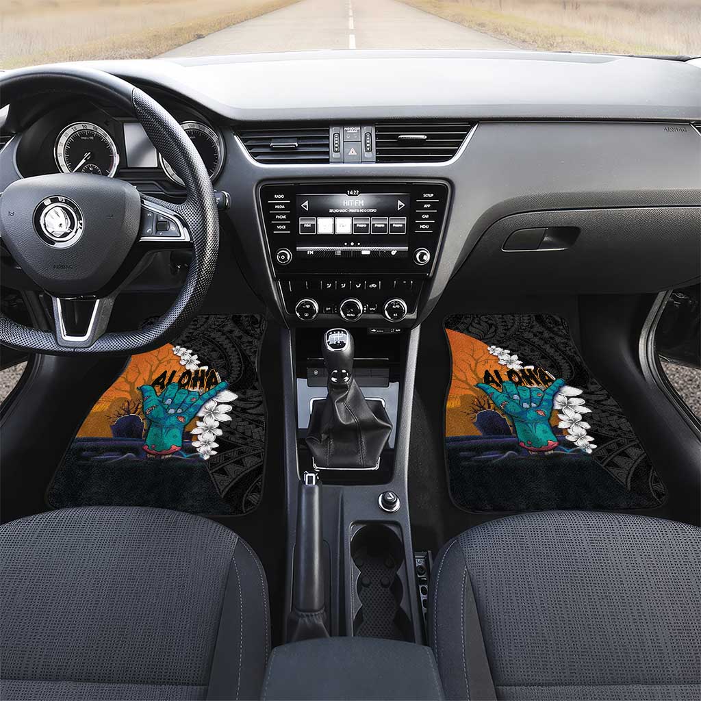 Hawaiian Halloween Car Mats Horror Shaka Hand with Plumeria and Polynesian Tattoo Autumn Color LT03 Set 2pcs - Front Orange - Polynesian Pride