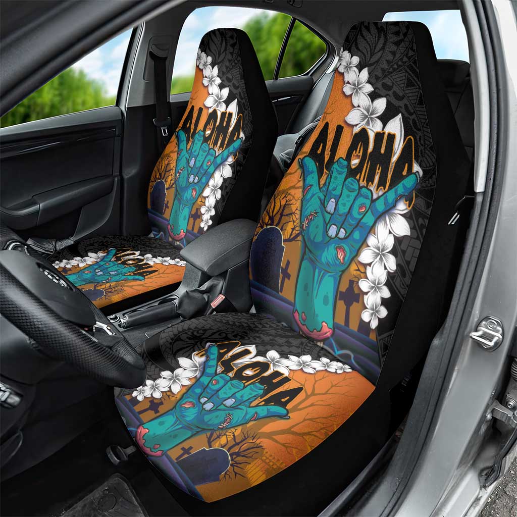 Hawaiian Halloween Car Seat Cover Horror Shaka Hand with Plumeria and Polynesian Tattoo Autumn Color LT03 - Polynesian Pride