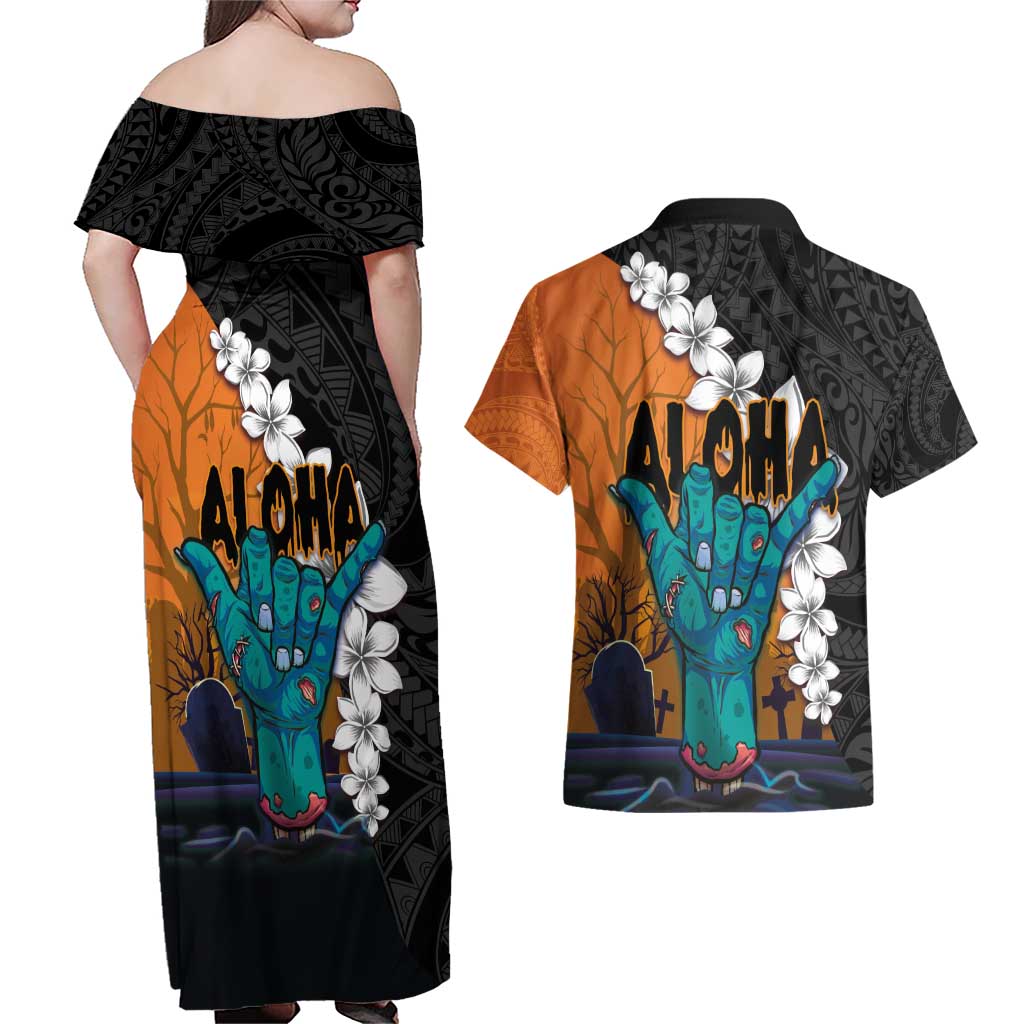 Hawaiian Halloween Couples Matching Off Shoulder Maxi Dress and Hawaiian Shirt Horror Shaka Hand with Plumeria and Polynesian Tattoo Autumn Color LT03 - Polynesian Pride