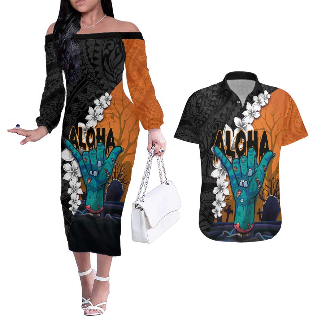 Hawaiian Halloween Couples Matching Off The Shoulder Long Sleeve Dress and Hawaiian Shirt Horror Shaka Hand with Plumeria and Polynesian Tattoo Autumn Color