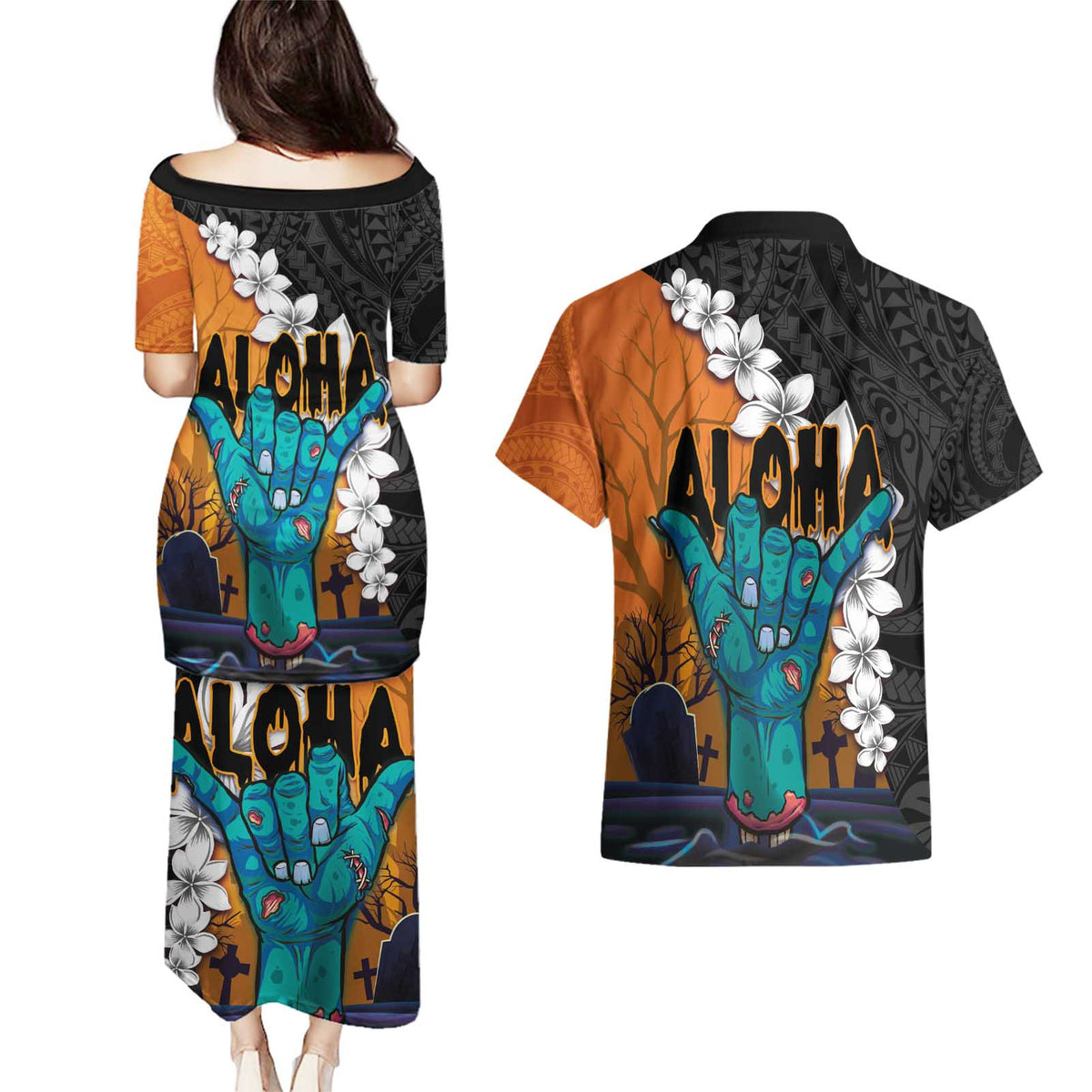 Hawaiian Halloween Couples Matching Puletasi and Hawaiian Shirt Horror Shaka Hand with Plumeria and Polynesian Tattoo Autumn Color LT03 - Polynesian Pride