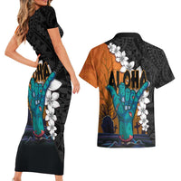 Hawaiian Halloween Couples Matching Short Sleeve Bodycon Dress and Hawaiian Shirt Horror Shaka Hand with Plumeria and Polynesian Tattoo Autumn Color LT03 - Polynesian Pride
