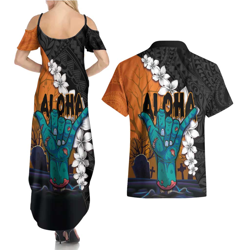 Hawaiian Halloween Couples Matching Summer Maxi Dress and Hawaiian Shirt Horror Shaka Hand with Plumeria and Polynesian Tattoo Autumn Color
