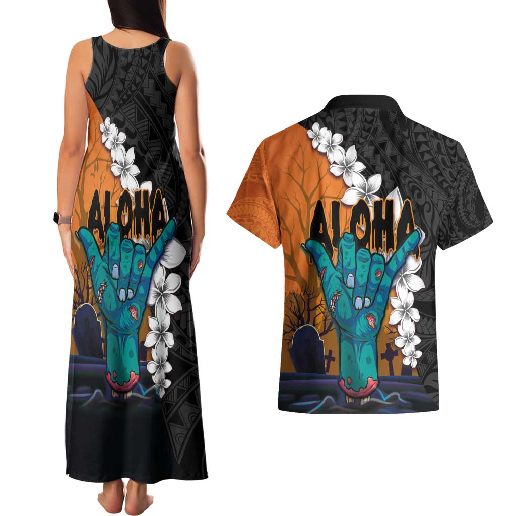 Hawaiian Halloween Couples Matching Tank Maxi Dress and Hawaiian Shirt Horror Shaka Hand with Plumeria and Polynesian Tattoo Autumn Color