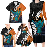 Hawaiian Halloween Family Matching Long Sleeve Bodycon Dress and Hawaiian Shirt Horror Shaka Hand with Plumeria and Polynesian Tattoo Autumn Color LT03 - Polynesian Pride