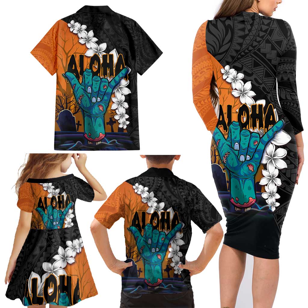 Hawaiian Halloween Family Matching Long Sleeve Bodycon Dress and Hawaiian Shirt Horror Shaka Hand with Plumeria and Polynesian Tattoo Autumn Color LT03 - Polynesian Pride