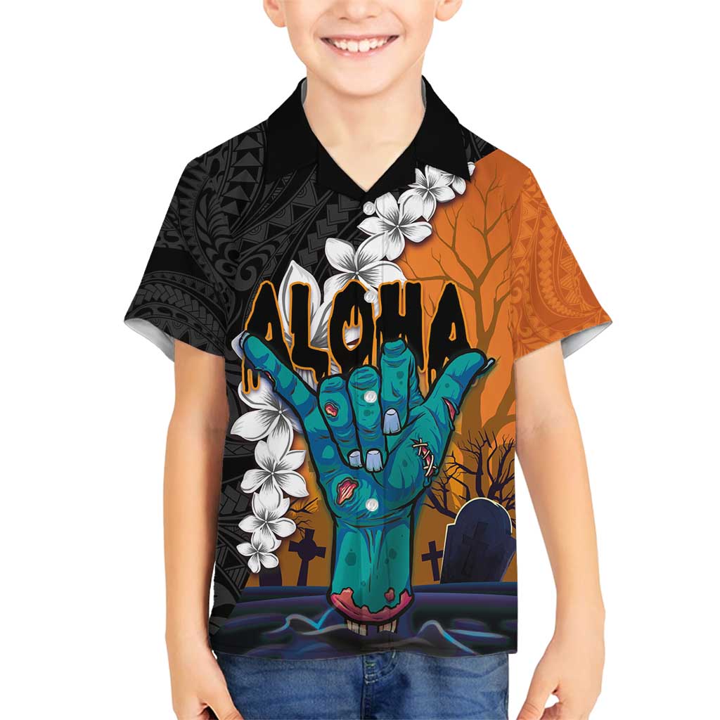 Hawaiian Halloween Family Matching Long Sleeve Bodycon Dress and Hawaiian Shirt Horror Shaka Hand with Plumeria and Polynesian Tattoo Autumn Color LT03 Son's Shirt Orange - Polynesian Pride