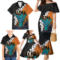 Hawaiian Halloween Family Matching Mermaid Dress and Hawaiian Shirt Horror Shaka Hand with Plumeria and Polynesian Tattoo Autumn Color LT03 - Polynesian Pride