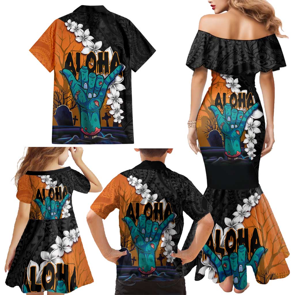 Hawaiian Halloween Family Matching Mermaid Dress and Hawaiian Shirt Horror Shaka Hand with Plumeria and Polynesian Tattoo Autumn Color LT03 - Polynesian Pride