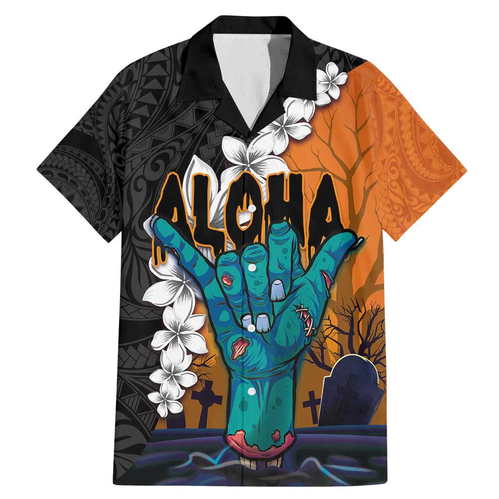 Hawaiian Halloween Family Matching Mermaid Dress and Hawaiian Shirt Horror Shaka Hand with Plumeria and Polynesian Tattoo Autumn Color LT03 Dad's Shirt - Short Sleeve Orange - Polynesian Pride