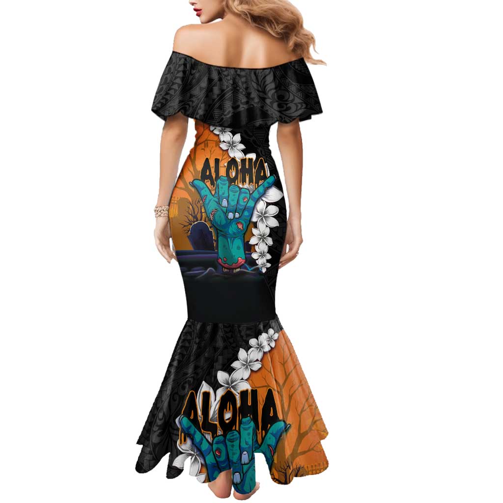 Hawaiian Halloween Family Matching Mermaid Dress and Hawaiian Shirt Horror Shaka Hand with Plumeria and Polynesian Tattoo Autumn Color LT03 - Polynesian Pride