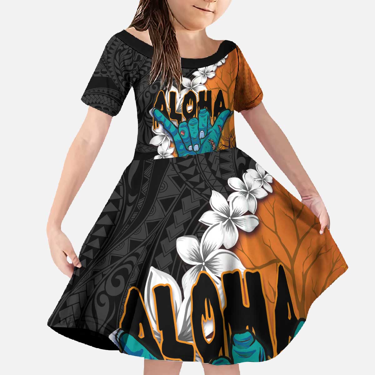 Hawaiian Halloween Family Matching Off The Shoulder Long Sleeve Dress and Hawaiian Shirt Horror Shaka Hand with Plumeria and Polynesian Tattoo Autumn Color LT03 Daughter's Dress Orange - Polynesian Pride