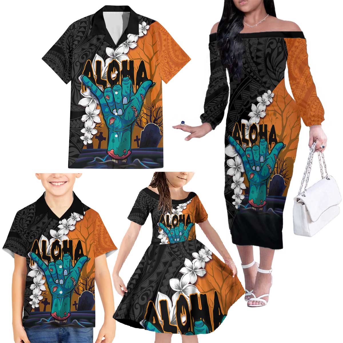 Hawaiian Halloween Family Matching Off The Shoulder Long Sleeve Dress and Hawaiian Shirt Horror Shaka Hand with Plumeria and Polynesian Tattoo Autumn Color LT03 - Polynesian Pride