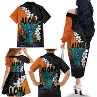 Hawaiian Halloween Family Matching Off The Shoulder Long Sleeve Dress and Hawaiian Shirt Horror Shaka Hand with Plumeria and Polynesian Tattoo Autumn Color LT03 - Polynesian Pride