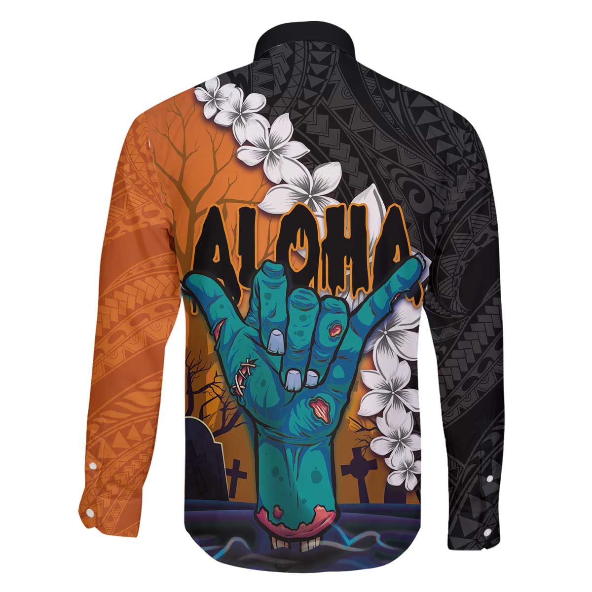 Hawaiian Halloween Family Matching Off The Shoulder Long Sleeve Dress and Hawaiian Shirt Horror Shaka Hand with Plumeria and Polynesian Tattoo Autumn Color LT03 - Polynesian Pride
