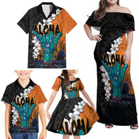 Hawaiian Halloween Family Matching Off Shoulder Maxi Dress and Hawaiian Shirt Horror Shaka Hand with Plumeria and Polynesian Tattoo Autumn Color LT03 - Polynesian Pride