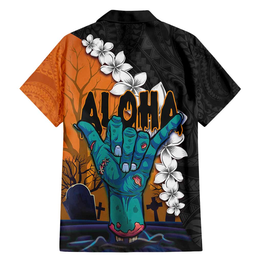 Hawaiian Halloween Family Matching Off Shoulder Maxi Dress and Hawaiian Shirt Horror Shaka Hand with Plumeria and Polynesian Tattoo Autumn Color LT03 - Polynesian Pride