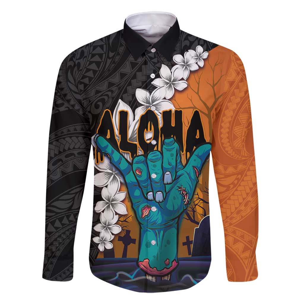 Hawaiian Halloween Family Matching Off Shoulder Maxi Dress and Hawaiian Shirt Horror Shaka Hand with Plumeria and Polynesian Tattoo Autumn Color LT03 Dad's Shirt - Long Sleeve Orange - Polynesian Pride