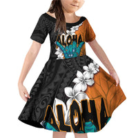 Hawaiian Halloween Family Matching Off Shoulder Short Dress and Hawaiian Shirt Horror Shaka Hand with Plumeria and Polynesian Tattoo Autumn Color LT03 Daughter's Dress Orange - Polynesian Pride