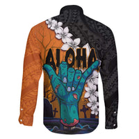 Hawaiian Halloween Family Matching Off Shoulder Short Dress and Hawaiian Shirt Horror Shaka Hand with Plumeria and Polynesian Tattoo Autumn Color LT03 - Polynesian Pride