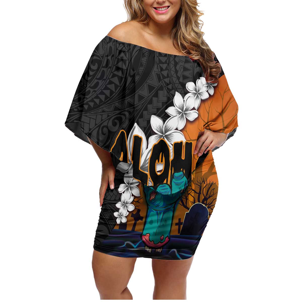 Hawaiian Halloween Family Matching Off Shoulder Short Dress and Hawaiian Shirt Horror Shaka Hand with Plumeria and Polynesian Tattoo Autumn Color LT03 Mom's Dress Orange - Polynesian Pride