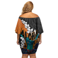 Hawaiian Halloween Family Matching Off Shoulder Short Dress and Hawaiian Shirt Horror Shaka Hand with Plumeria and Polynesian Tattoo Autumn Color LT03 - Polynesian Pride