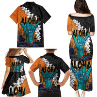 Hawaiian Halloween Family Matching Puletasi and Hawaiian Shirt Horror Shaka Hand with Plumeria and Polynesian Tattoo Autumn Color LT03 - Polynesian Pride