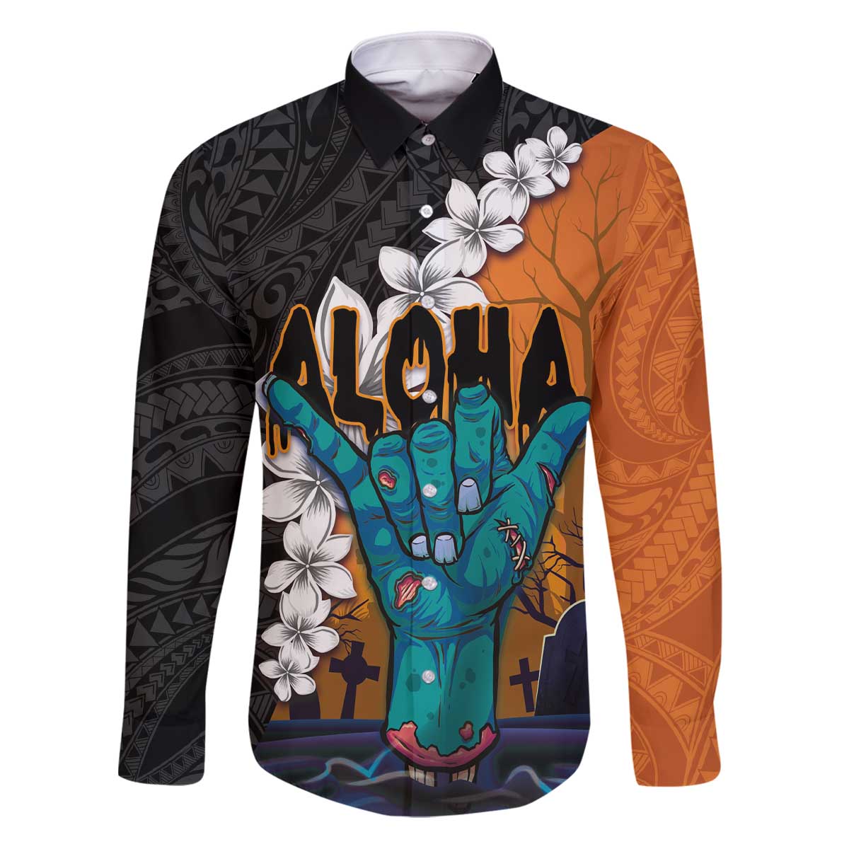 Hawaiian Halloween Family Matching Puletasi and Hawaiian Shirt Horror Shaka Hand with Plumeria and Polynesian Tattoo Autumn Color LT03 Dad's Shirt - Long Sleeve Orange - Polynesian Pride