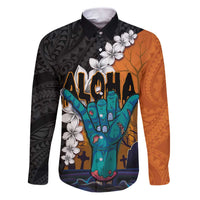 Hawaiian Halloween Family Matching Puletasi and Hawaiian Shirt Horror Shaka Hand with Plumeria and Polynesian Tattoo Autumn Color LT03 Dad's Shirt - Long Sleeve Orange - Polynesian Pride