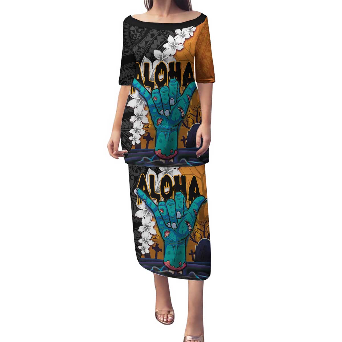 Hawaiian Halloween Family Matching Puletasi and Hawaiian Shirt Horror Shaka Hand with Plumeria and Polynesian Tattoo Autumn Color LT03 Mom's Dress Orange - Polynesian Pride