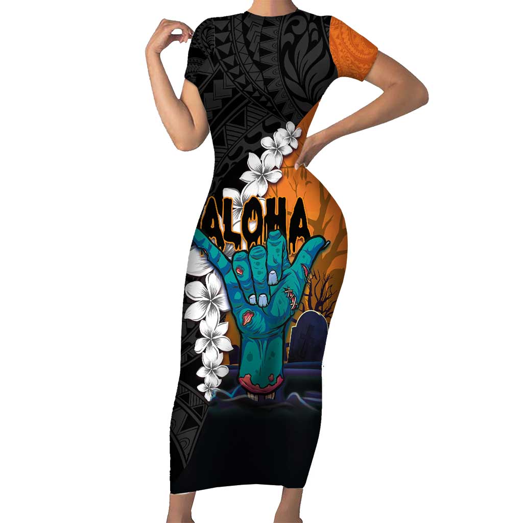 Hawaiian Halloween Family Matching Short Sleeve Bodycon Dress and Hawaiian Shirt Horror Shaka Hand with Plumeria and Polynesian Tattoo Autumn Color LT03 Mom's Dress Orange - Polynesian Pride
