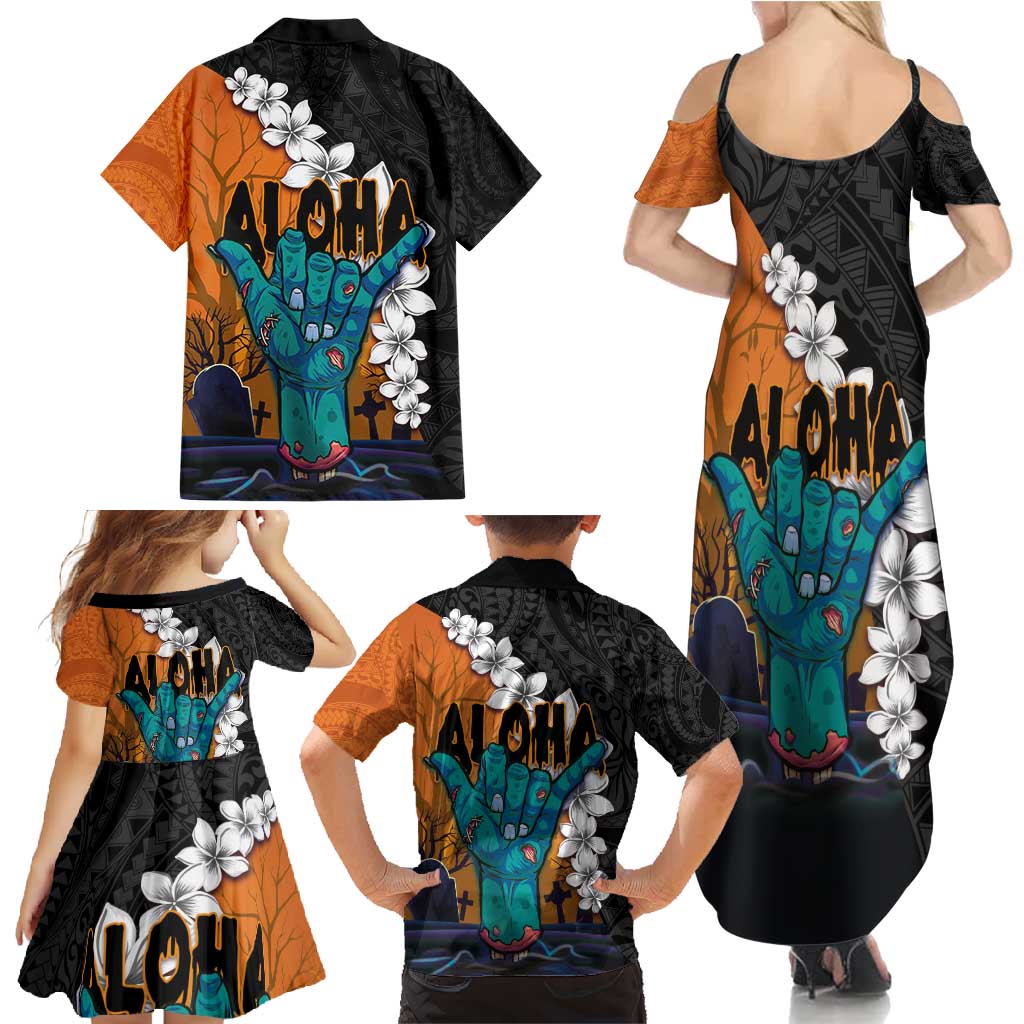 Hawaiian Halloween Family Matching Summer Maxi Dress and Hawaiian Shirt Horror Shaka Hand with Plumeria and Polynesian Tattoo Autumn Color LT03 - Polynesian Pride