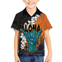 Hawaiian Halloween Family Matching Tank Maxi Dress and Hawaiian Shirt Horror Shaka Hand with Plumeria and Polynesian Tattoo Autumn Color LT03 Son's Shirt Orange - Polynesian Pride