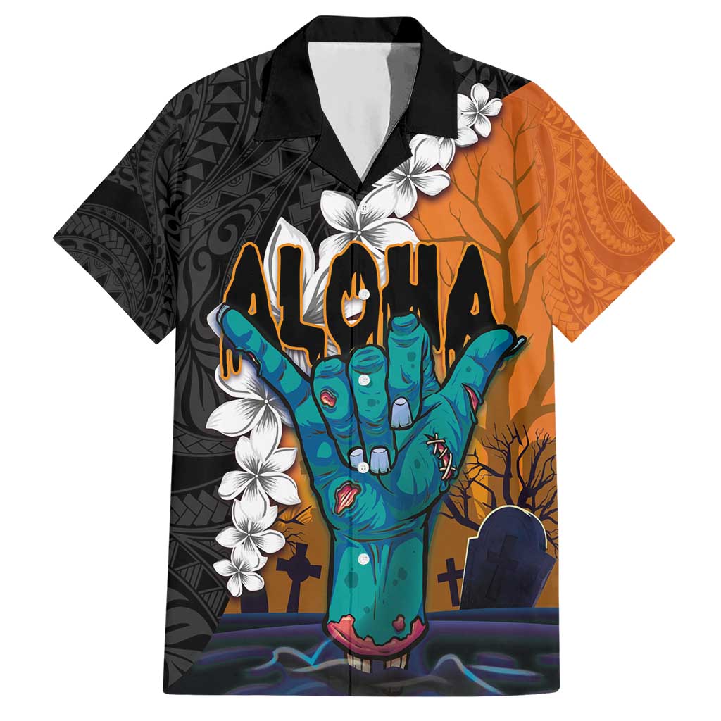 Hawaiian Halloween Hawaiian Shirt Horror Shaka Hand with Plumeria and Polynesian Tattoo Autumn Color LT03 Orange - Polynesian Pride