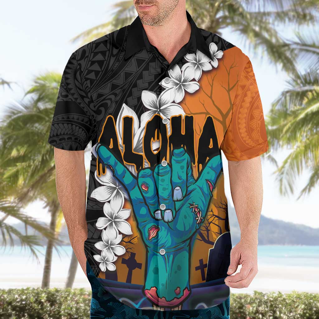 Hawaiian Halloween Hawaiian Shirt Horror Shaka Hand with Plumeria and Polynesian Tattoo Autumn Color LT03 - Polynesian Pride