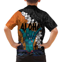 Hawaiian Halloween Hawaiian Shirt Horror Shaka Hand with Plumeria and Polynesian Tattoo Autumn Color LT03 - Polynesian Pride