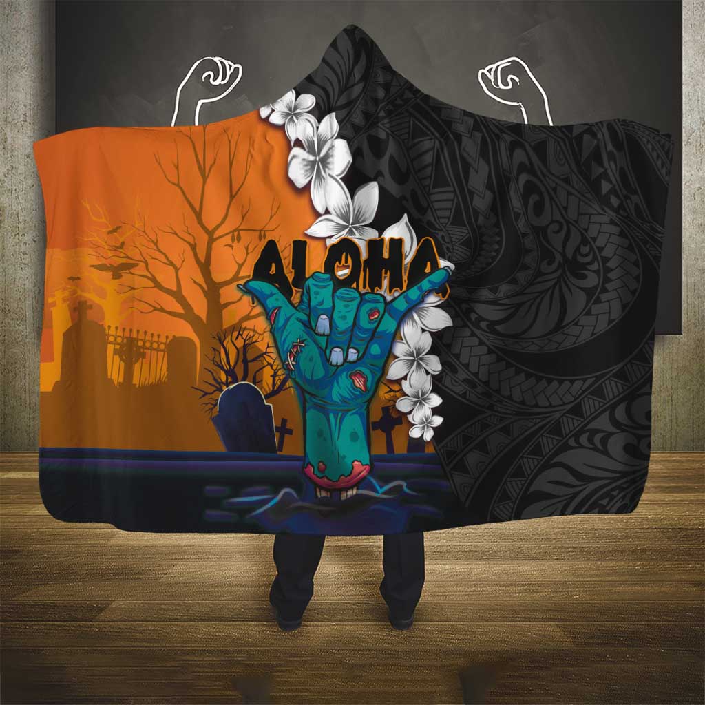 Hawaiian Halloween Hooded Blanket Horror Shaka Hand with Plumeria and Polynesian Tattoo Autumn Color LT03 - Polynesian Pride