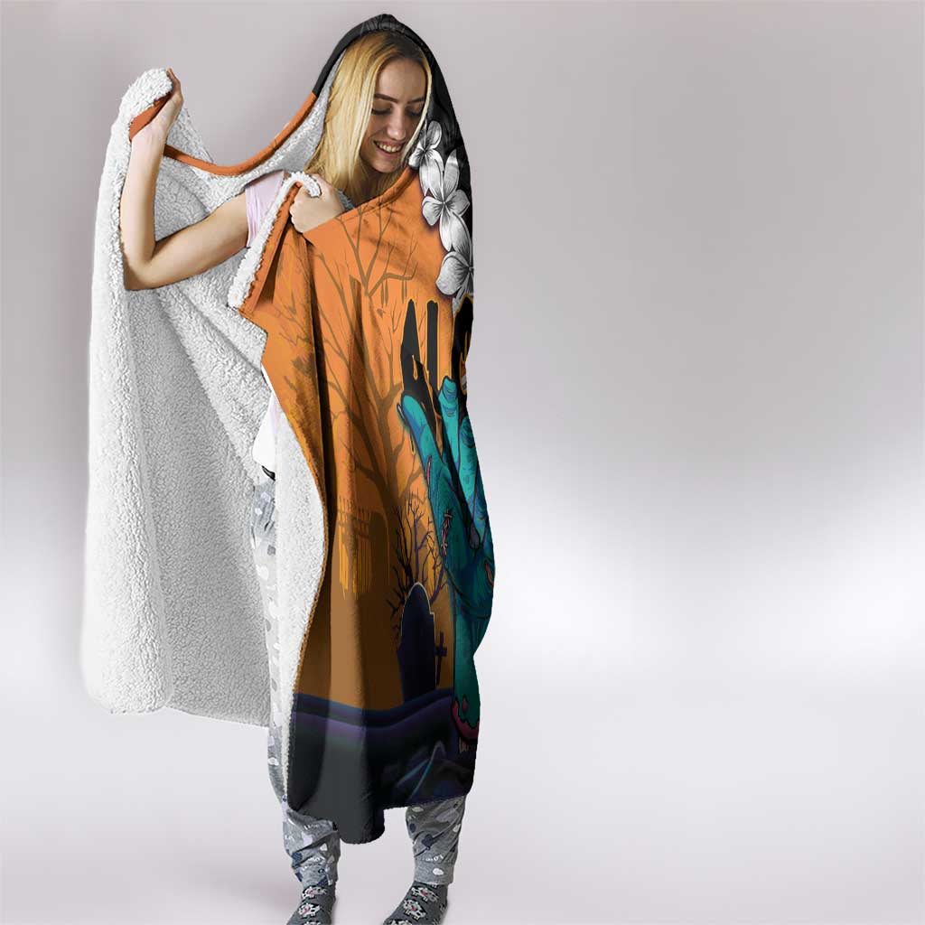 Hawaiian Halloween Hooded Blanket Horror Shaka Hand with Plumeria and Polynesian Tattoo Autumn Color LT03 - Polynesian Pride
