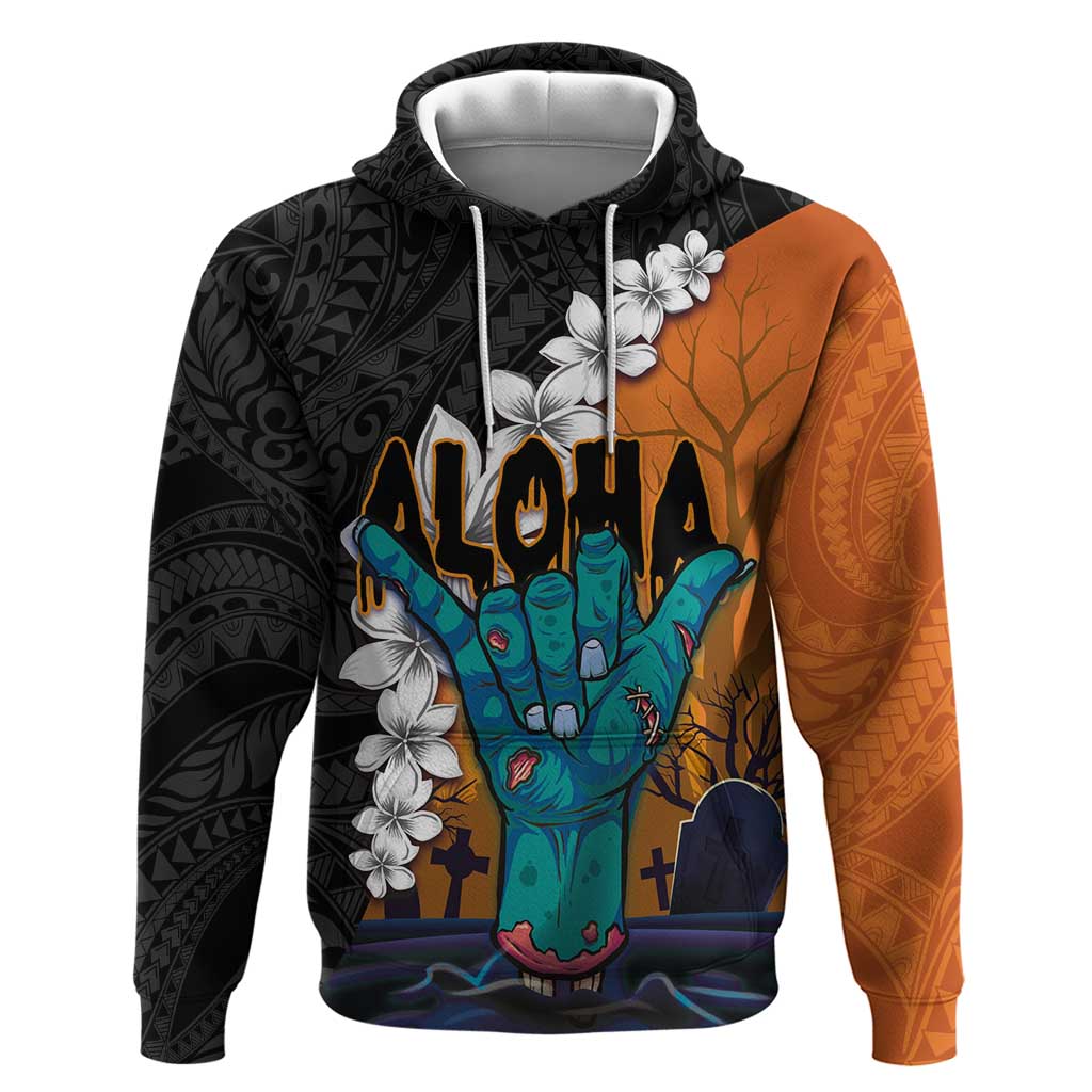 Hawaiian Halloween Hoodie Horror Shaka Hand with Plumeria and Polynesian Tattoo Autumn Color LT03 Pullover Hoodie Orange - Polynesian Pride