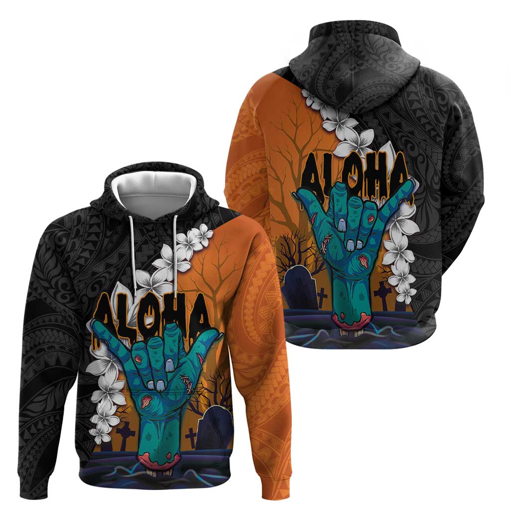 Hawaiian Halloween Hoodie Horror Shaka Hand with Plumeria and Polynesian Tattoo Autumn Color LT03 - Polynesian Pride