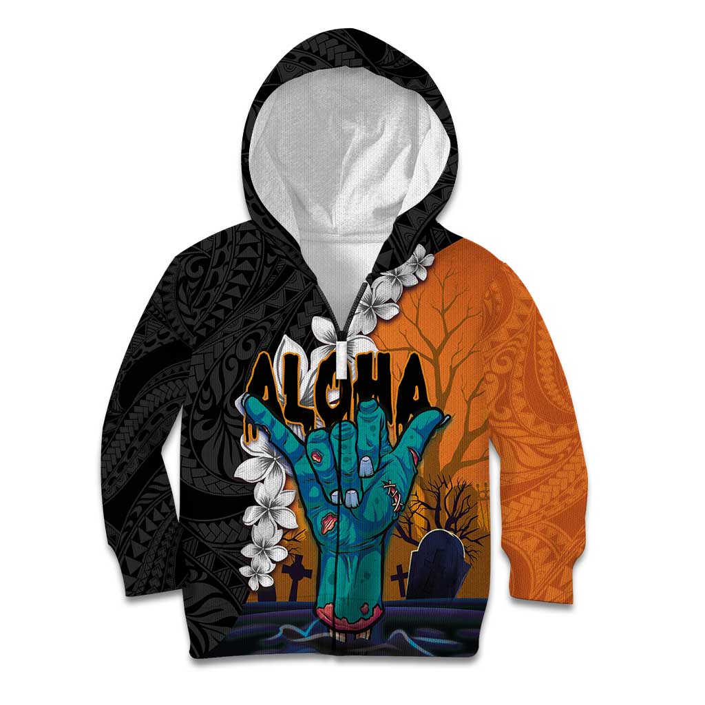 Hawaiian Halloween Kid Hoodie Horror Shaka Hand with Plumeria and Polynesian Tattoo Autumn Color LT03 Zip Hoodie Orange - Polynesian Pride