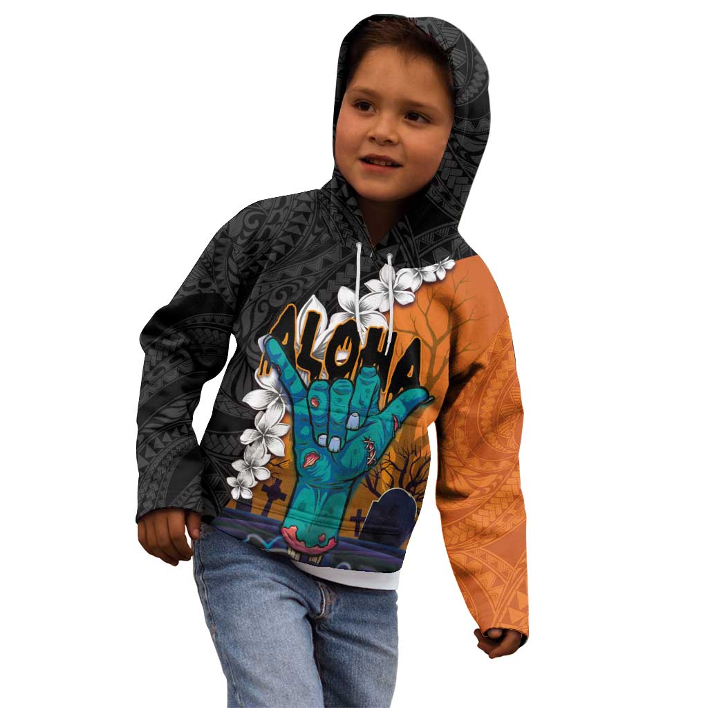 Hawaiian Halloween Kid Hoodie Horror Shaka Hand with Plumeria and Polynesian Tattoo Autumn Color LT03 - Polynesian Pride