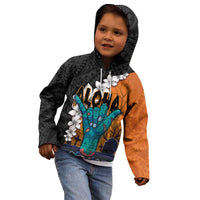 Hawaiian Halloween Kid Hoodie Horror Shaka Hand with Plumeria and Polynesian Tattoo Autumn Color LT03 - Polynesian Pride