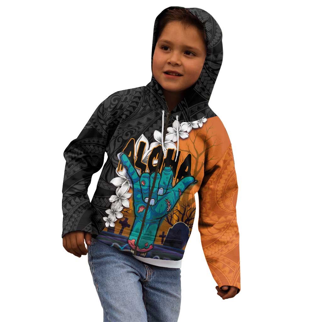 Hawaiian Halloween Kid Hoodie Horror Shaka Hand with Plumeria and Polynesian Tattoo Autumn Color LT03 - Polynesian Pride