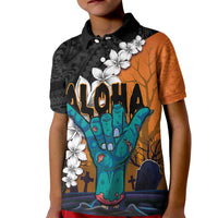 Hawaiian Halloween Kid Polo Shirt Horror Shaka Hand with Plumeria and Polynesian Tattoo Autumn Color LT03 Kid Orange - Polynesian Pride