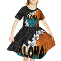 Hawaiian Halloween Kid Short Sleeve Dress Horror Shaka Hand with Plumeria and Polynesian Tattoo Autumn Color LT03 - Polynesian Pride