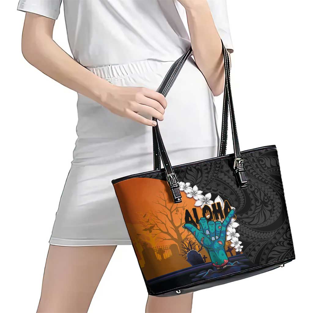 Hawaiian Halloween Leather Tote Bag Horror Shaka Hand with Plumeria and Polynesian Tattoo Autumn Color LT03 - Polynesian Pride