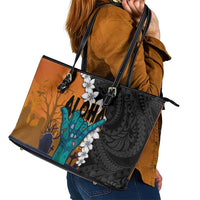 Hawaiian Halloween Leather Tote Bag Horror Shaka Hand with Plumeria and Polynesian Tattoo Autumn Color LT03 - Polynesian Pride